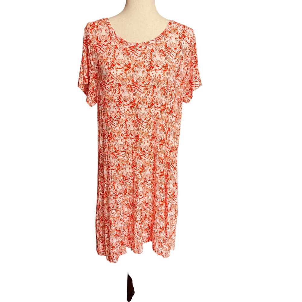 Stewart Simmons XL/XXL Orange and White Tiger Cap Sleeve Knit Dress Pockets NEW
